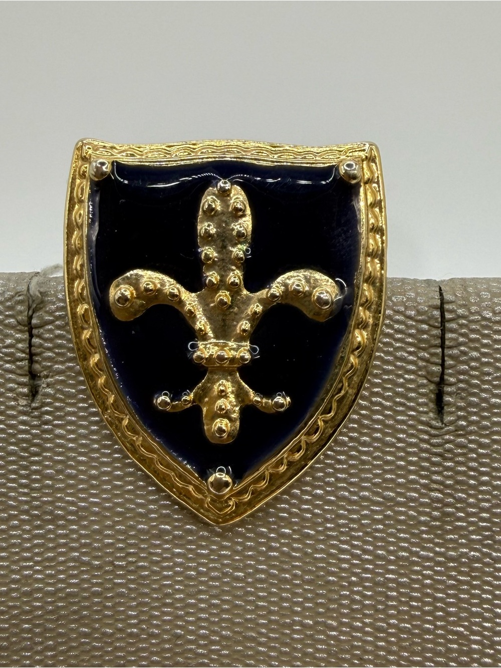 Vintage Style Fleur de Lis Shield Lapel Pin Gold Tone Navy Enamel